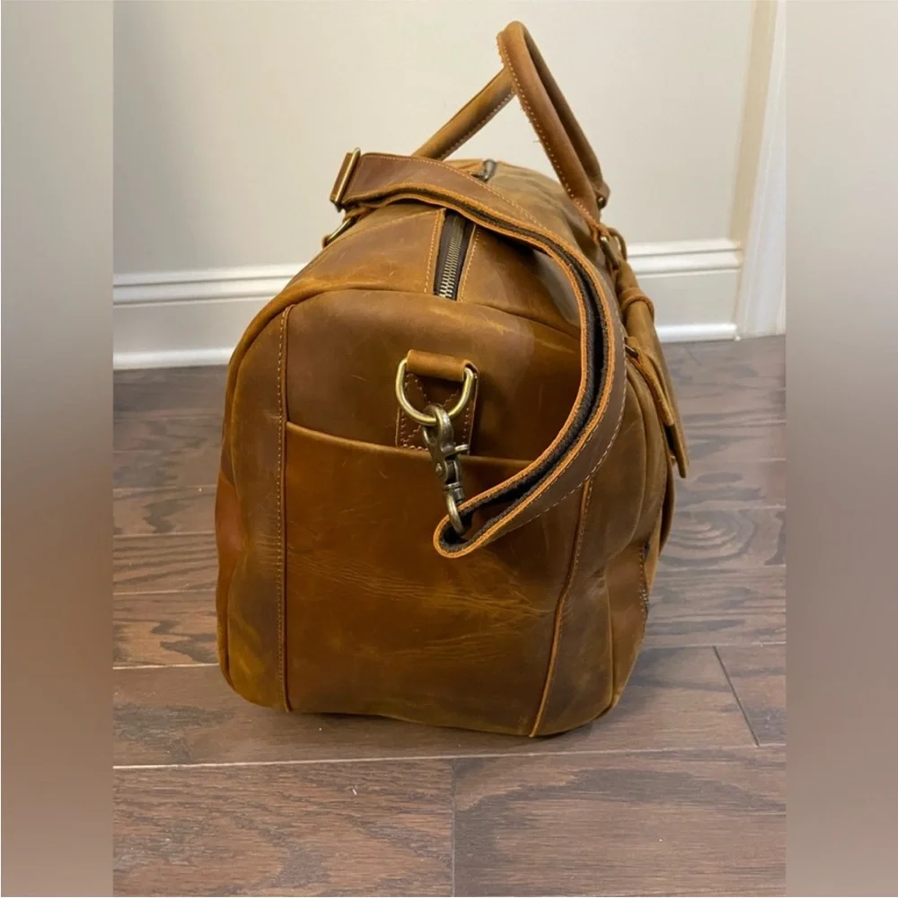 COGNAC LEATHER WEEKEND TRAVEL DUFFLE BAG LARGE